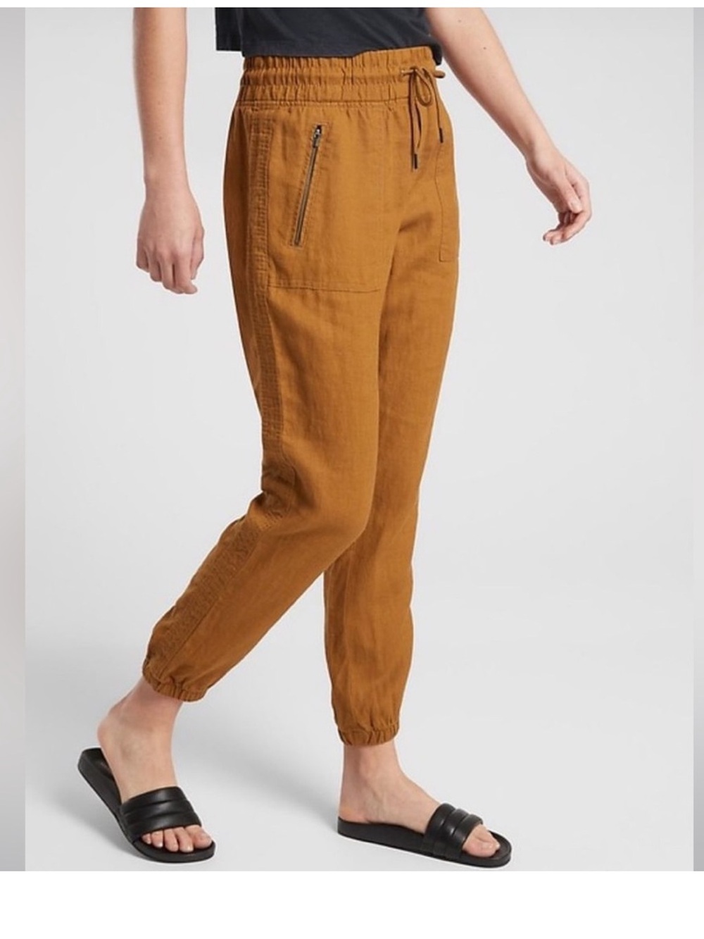 Athleta Women's Cabo Linen Joggers Size 4 Brown/Yellow 100% Linen‎